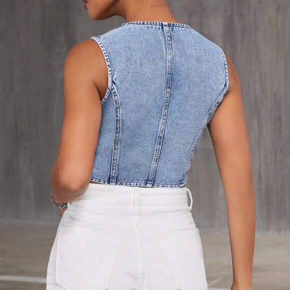 Blue Casual Women's Denim Vest Top - Picture 2 of 6